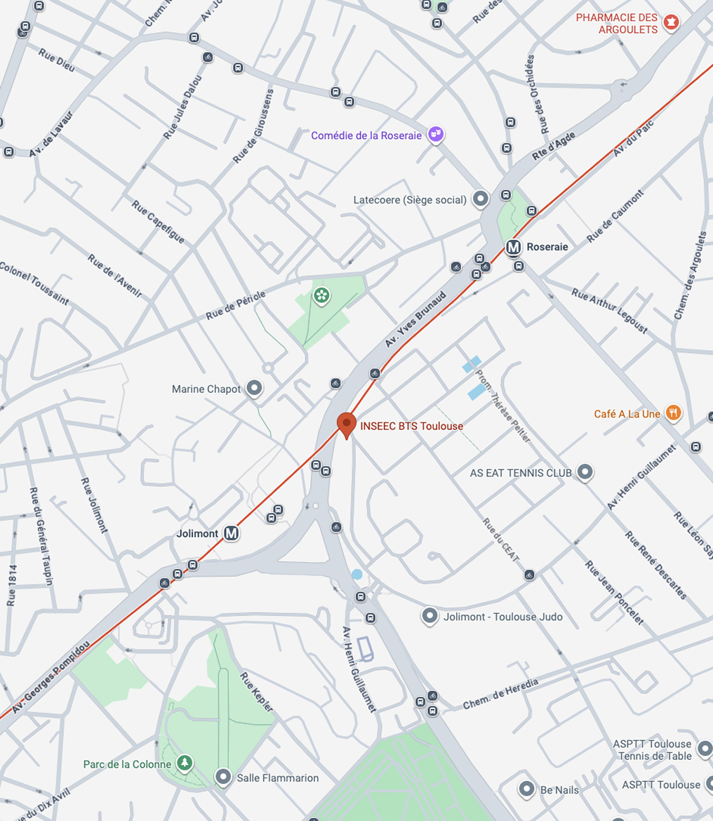 Plan d’accès au campus de Toulouse de l’école de commerce INSEEC en transport en commun